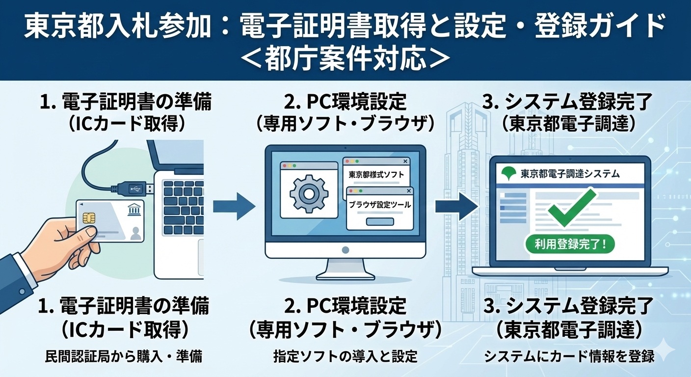 東京都電子調達システム対応:電子証明書の取得とインストール、登録と利用設定